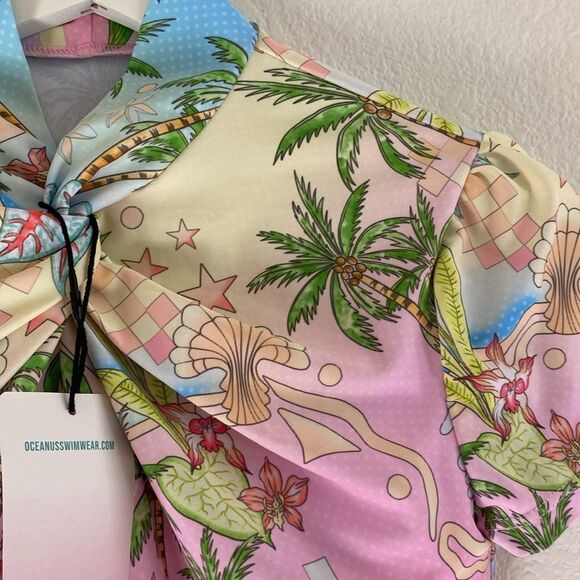 Oceanus Short Sleeve Palm Tree Mermaid Pastel Swim Top Small - Picture 3 of 5